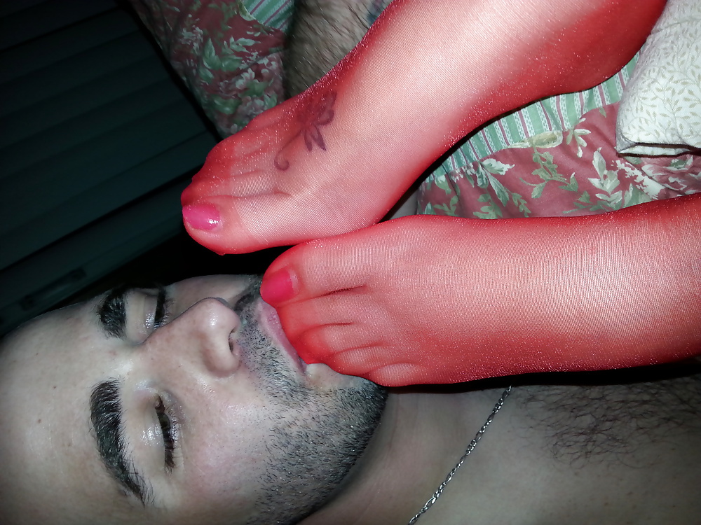 Red nylon Footjob #28208681