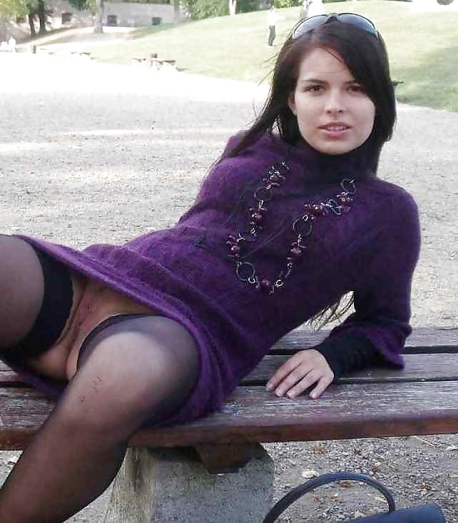 Upskirt in stockings, no panties and hairy pussy #26704049