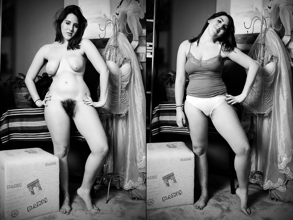 Girls undress to show their bushy beaver in Black and White #22967913