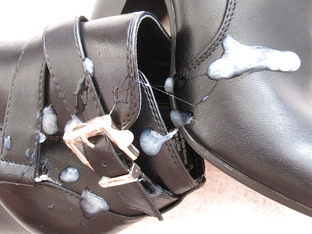 Black leather heeled boots cummed #24229313