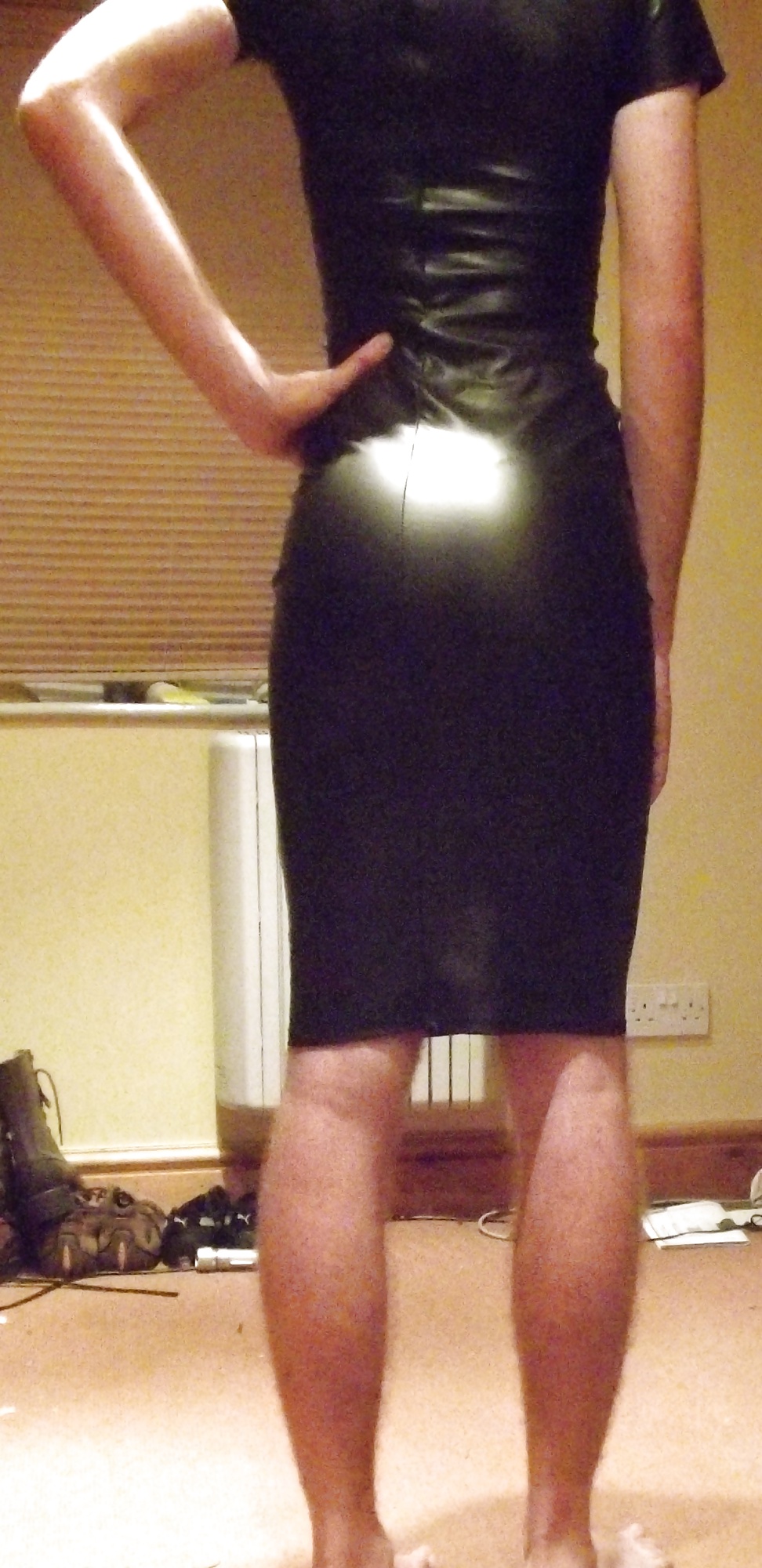 Crossdressing in wetlook bodycon dress #40924687