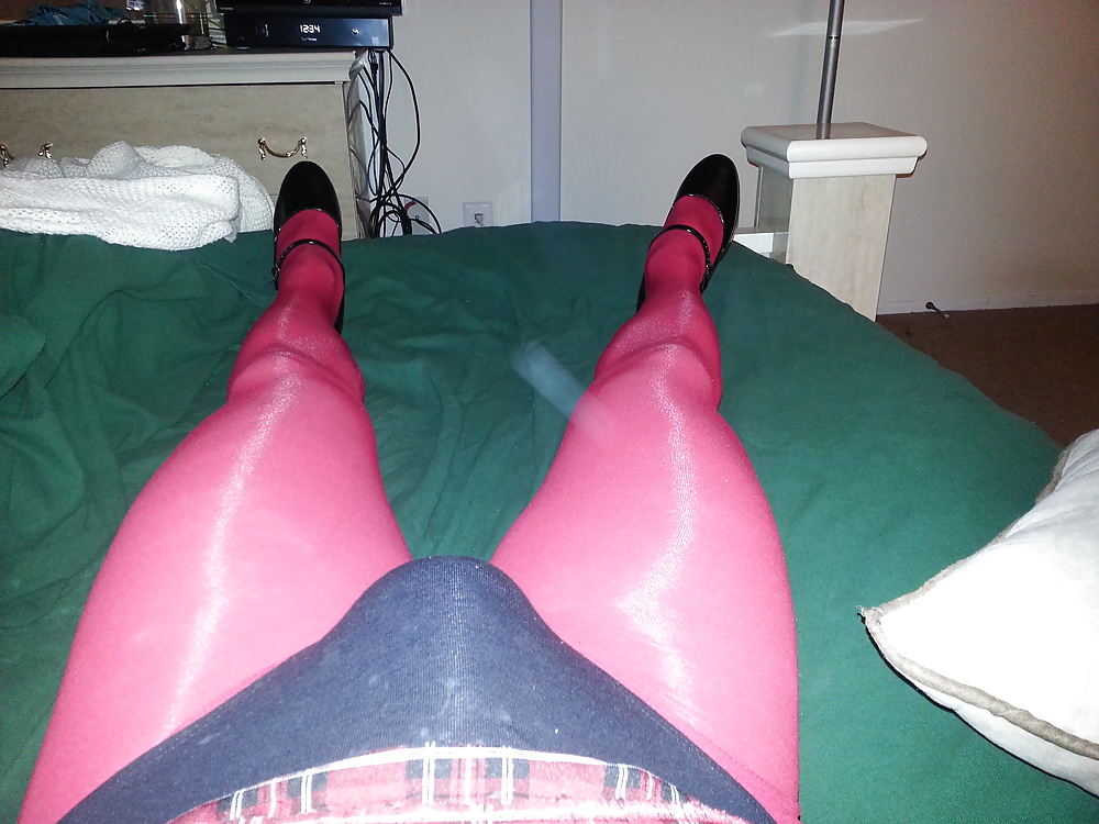 Red tights, black leo, plaid mini, black maryjanes #24925188