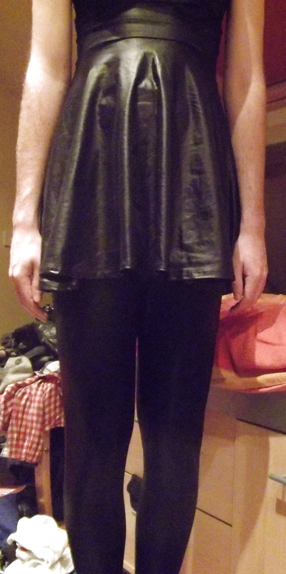 Crossdressing in wetlook dress and leather trousers #23910738