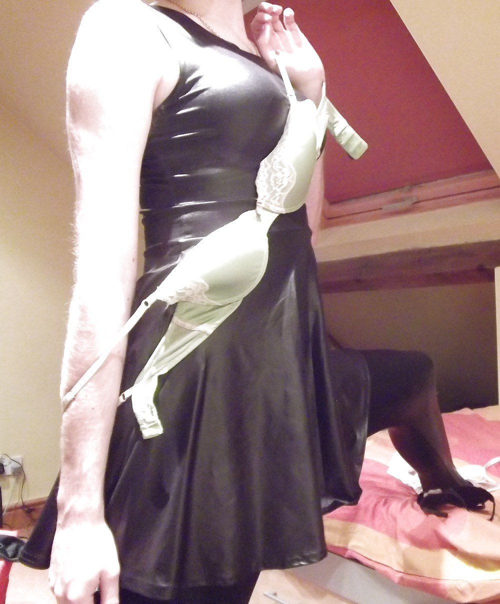 Crossdressing in wetlook dress and leather trousers #23910773