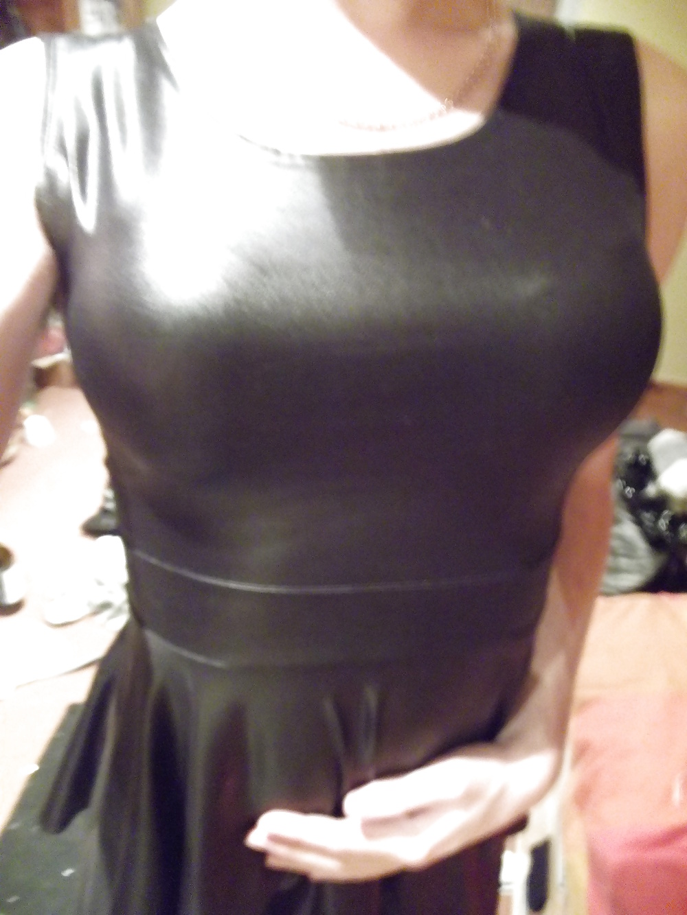 Crossdressing in wetlook dress and leather trousers #23910802