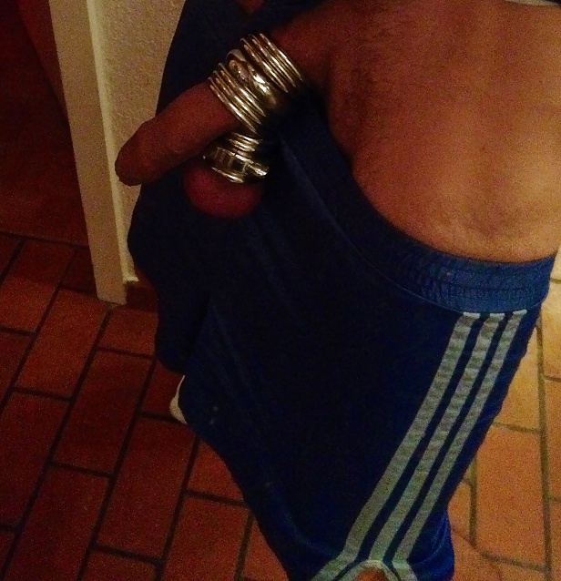 My cock with cock rings and shiny shorts