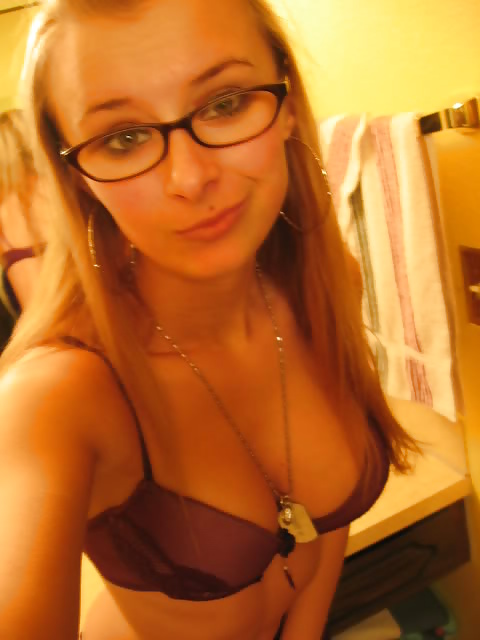 Hot blonde teen in glasses nerd geek gamer topless #31422204