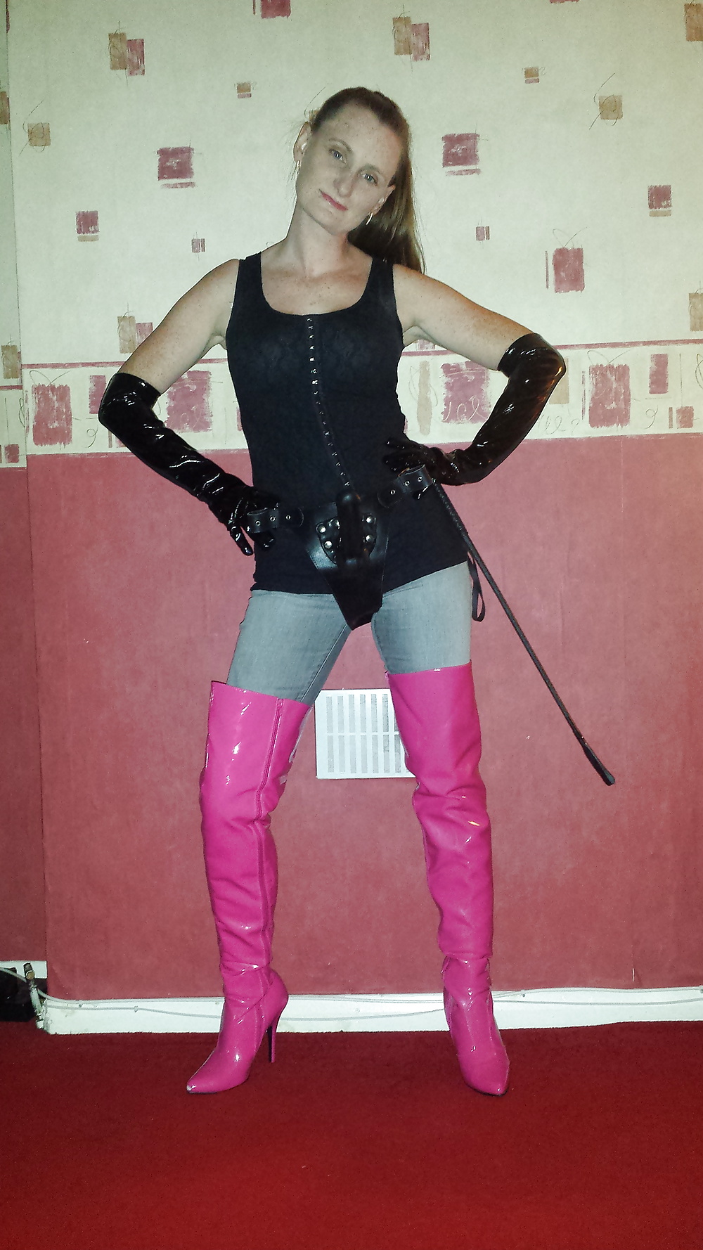 Strapon wearing mistress in pink thigh high boots #30016234