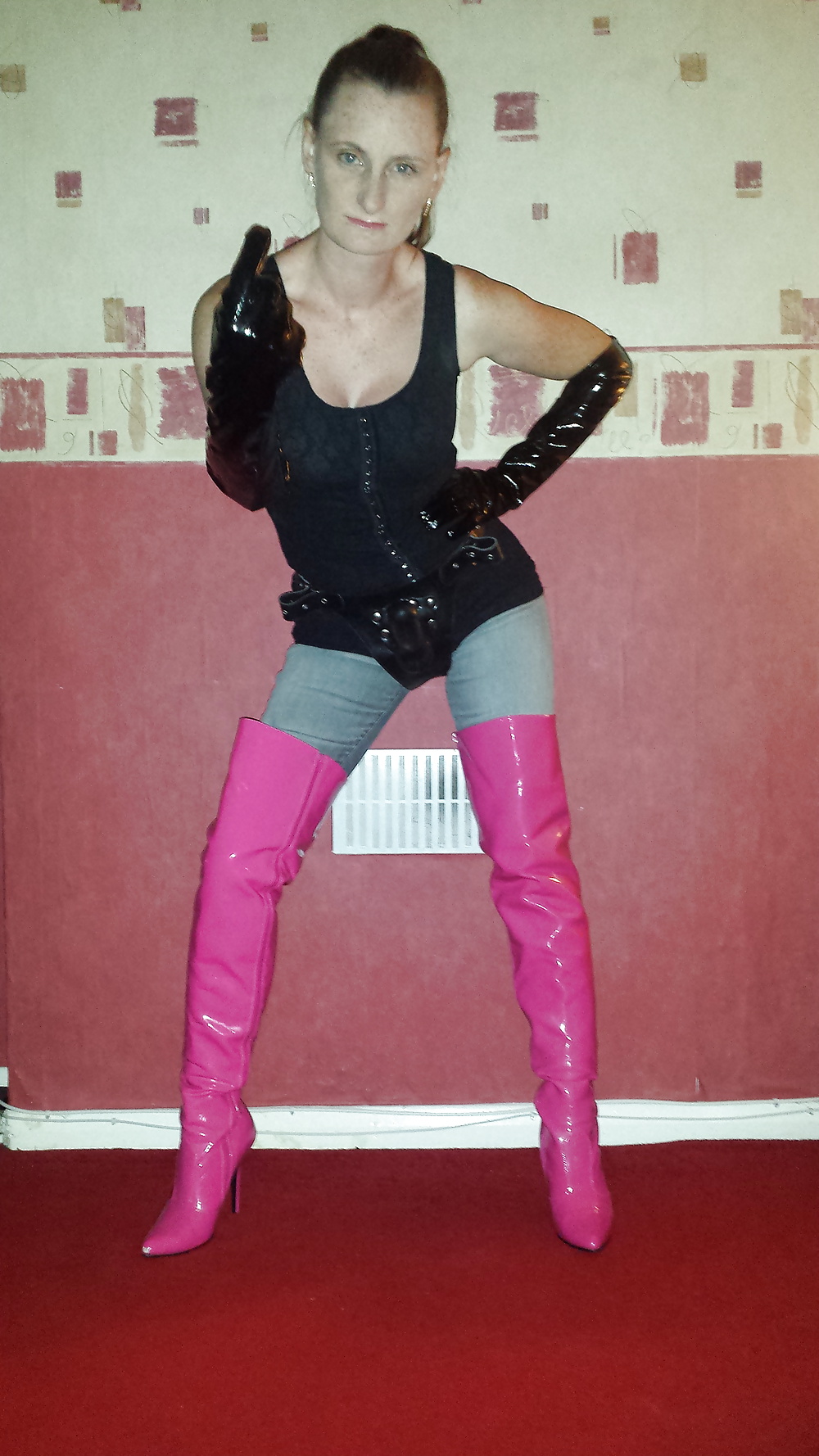 Strapon wearing mistress in pink thigh high boots #30016274