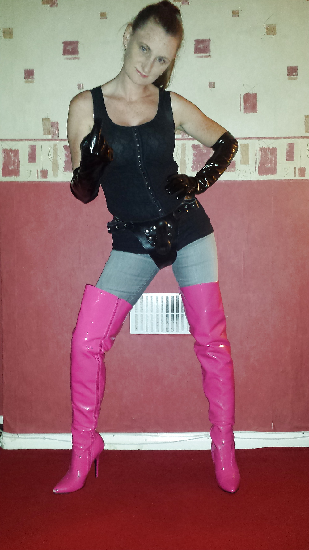 Strapon wearing mistress in pink thigh high boots #30016281