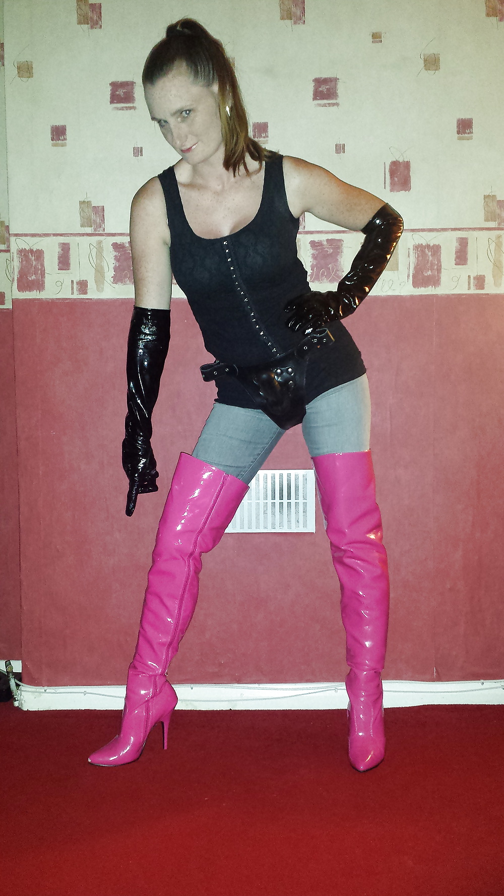 Strapon wearing mistress in pink thigh high boots #30016288