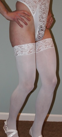 Sissy CD playing in white bodysuit stockings heels