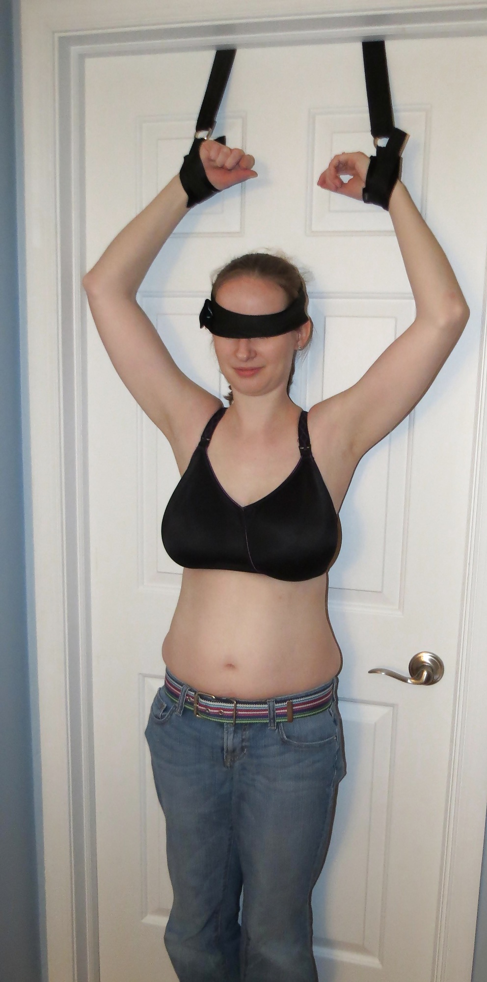 Wife blindfolded, topless, and bound to door #39612640