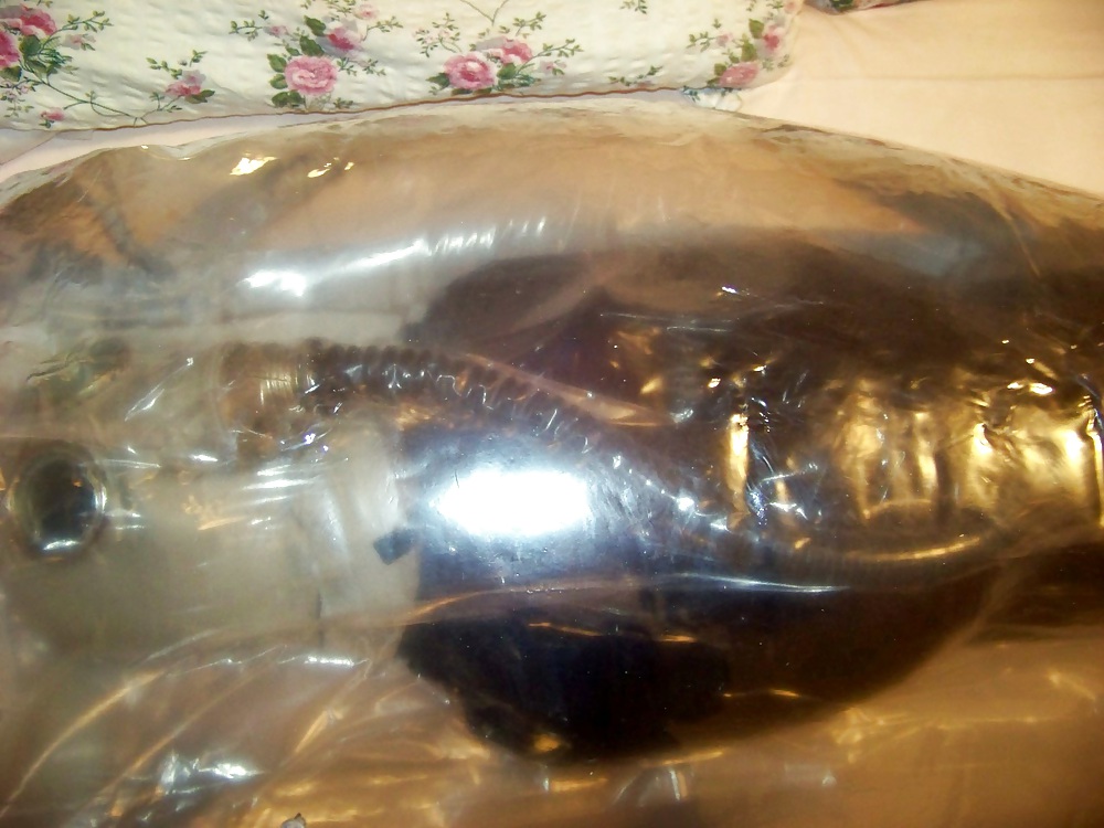 My wife in mummification, gas mask, inflatable bondage bag #23780552