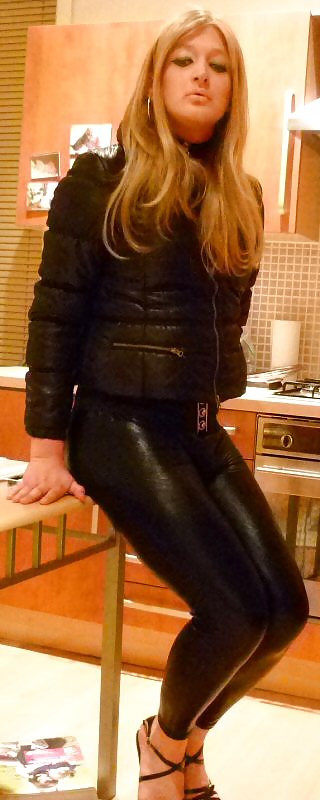 Hot sissy chav in black shiny leggings #25610871