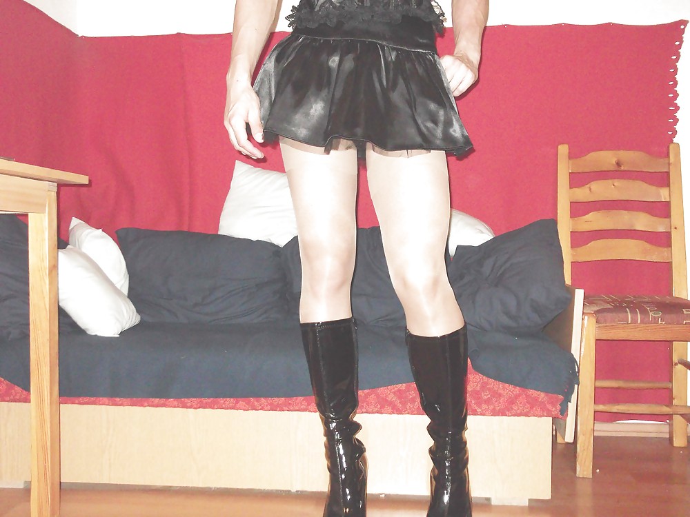 Black satin mini skirt and black satin corset #23033422