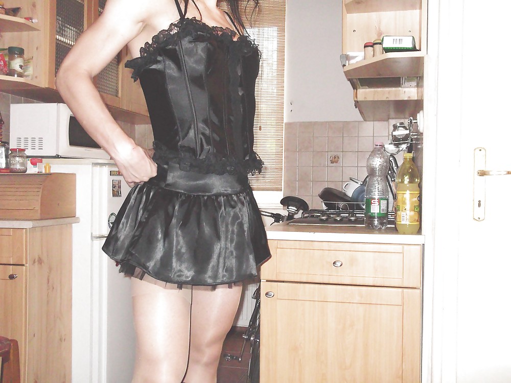 Black satin mini skirt and black satin corset #23033433