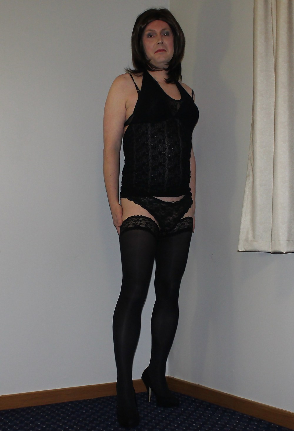 Shemale Emma Lee in black lace dress and hold up stockings #37285520