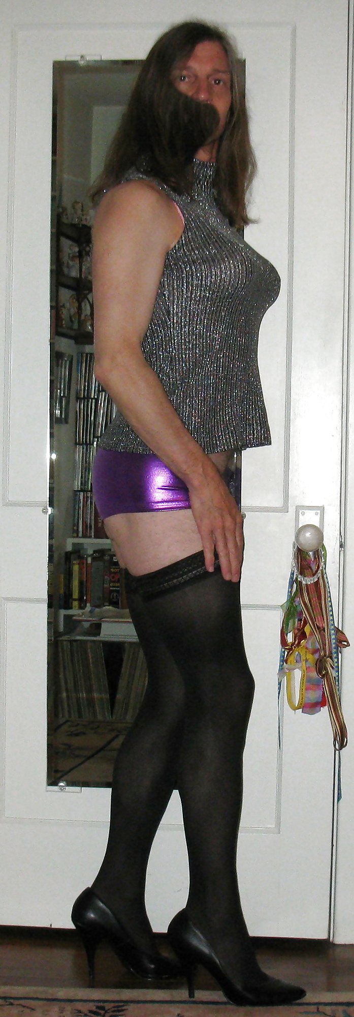 Crossdressing - Black Booty Shorts and Purple Spanky Pants #31337072