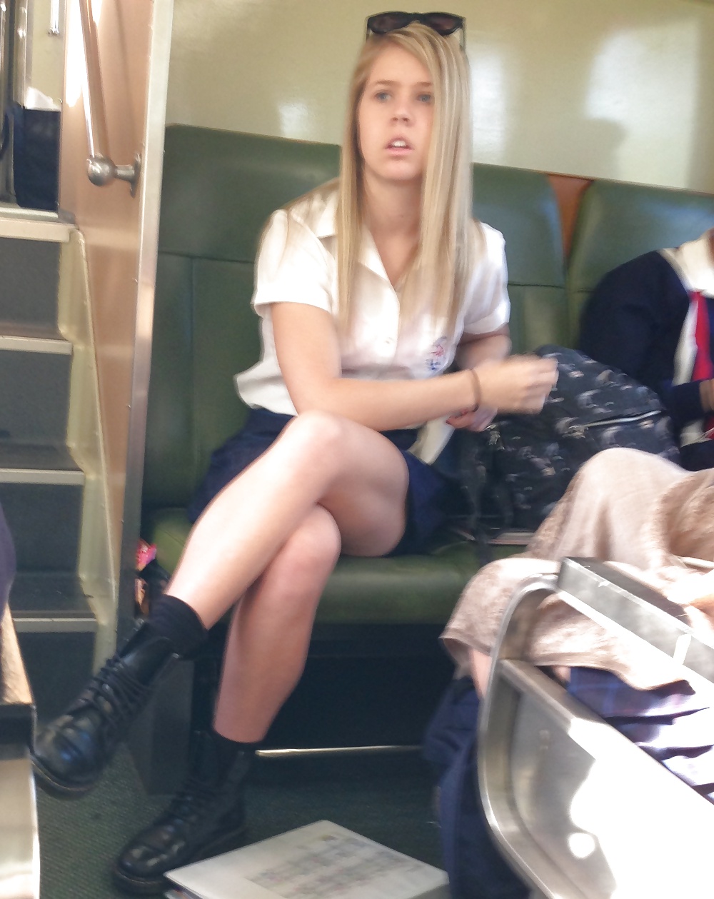 Sultry Blonde Girl Upskirted On The Train