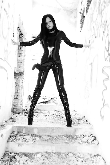 Me in my latex catsuit, boots and new hairstyle
