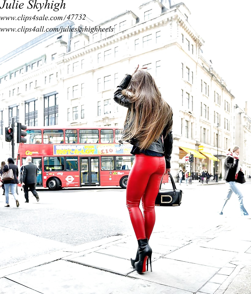 Most sexy girl in street leatherlook legging & loub. boots