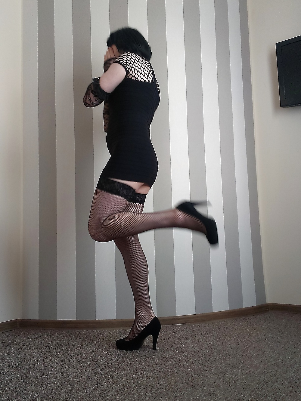 In a hotel room - black minidress, stockings and heels  #28504339
