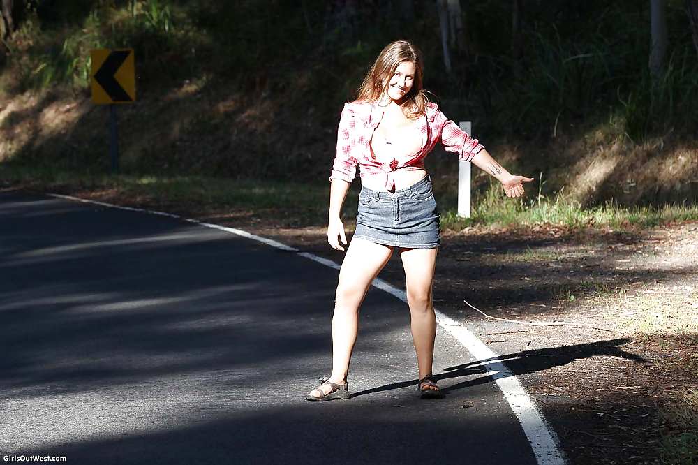 Busty cutie shows her hairy pussy by the road #37642883