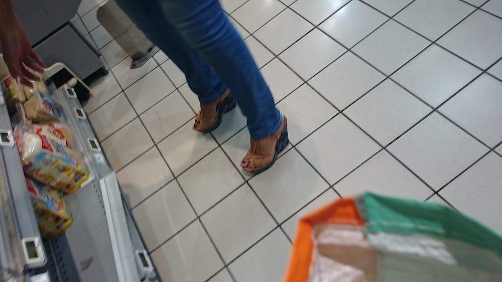 Candid heels feet and legs in supermarket #32752885