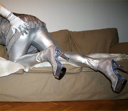 Neon 40 silver, Silver leggings & Clear high heels  #23758275