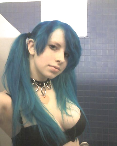 Cute goth gamer teen with blue hair #39473879