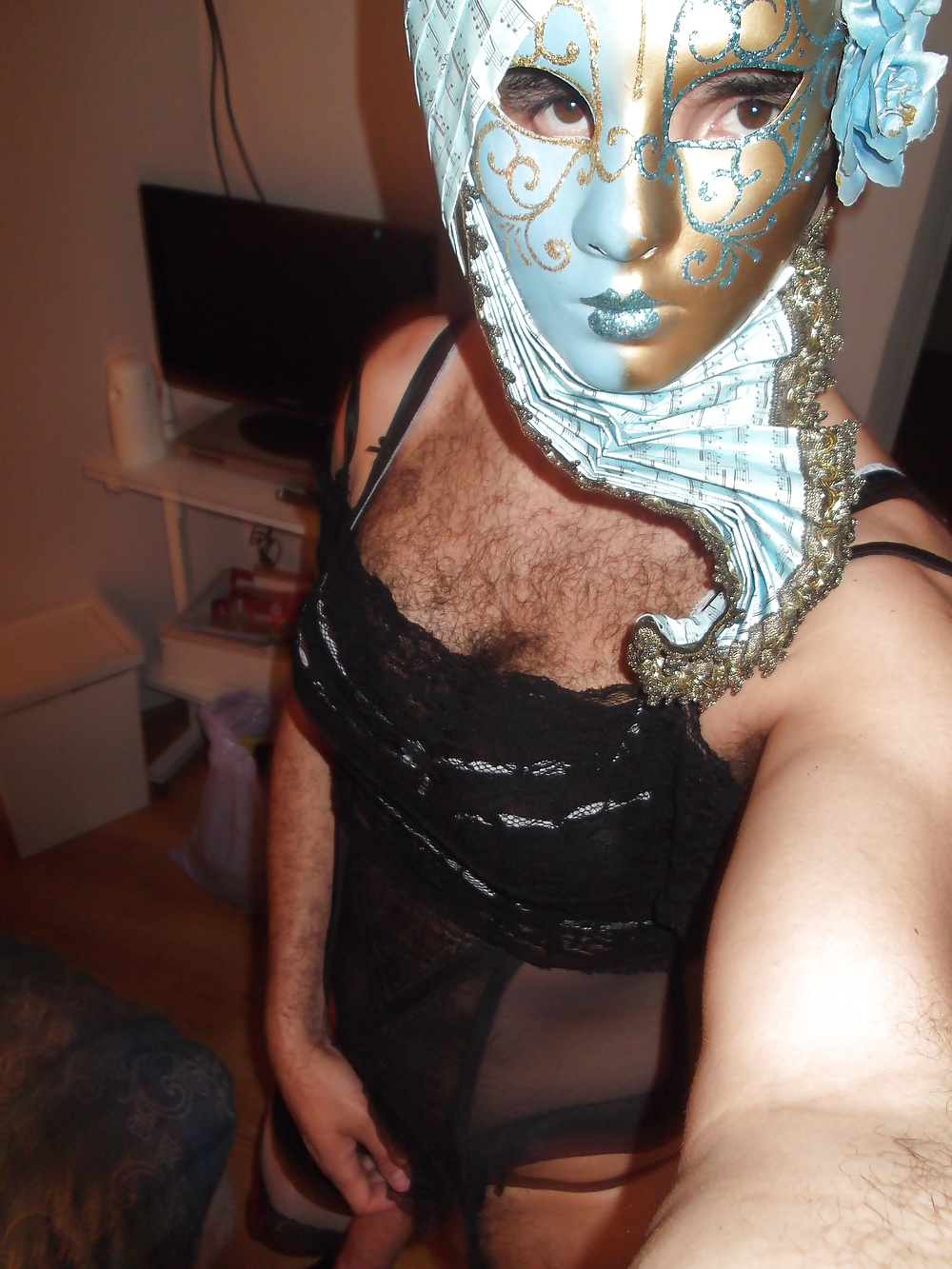 Crossdresser black sexy lingerie stockings and mask #25584263