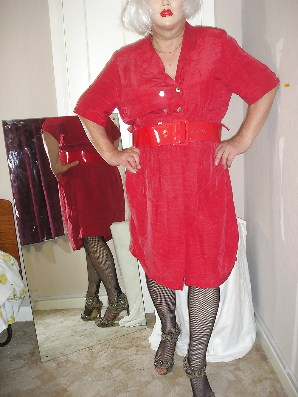 Dee in new red dress and suspender tights #40586997