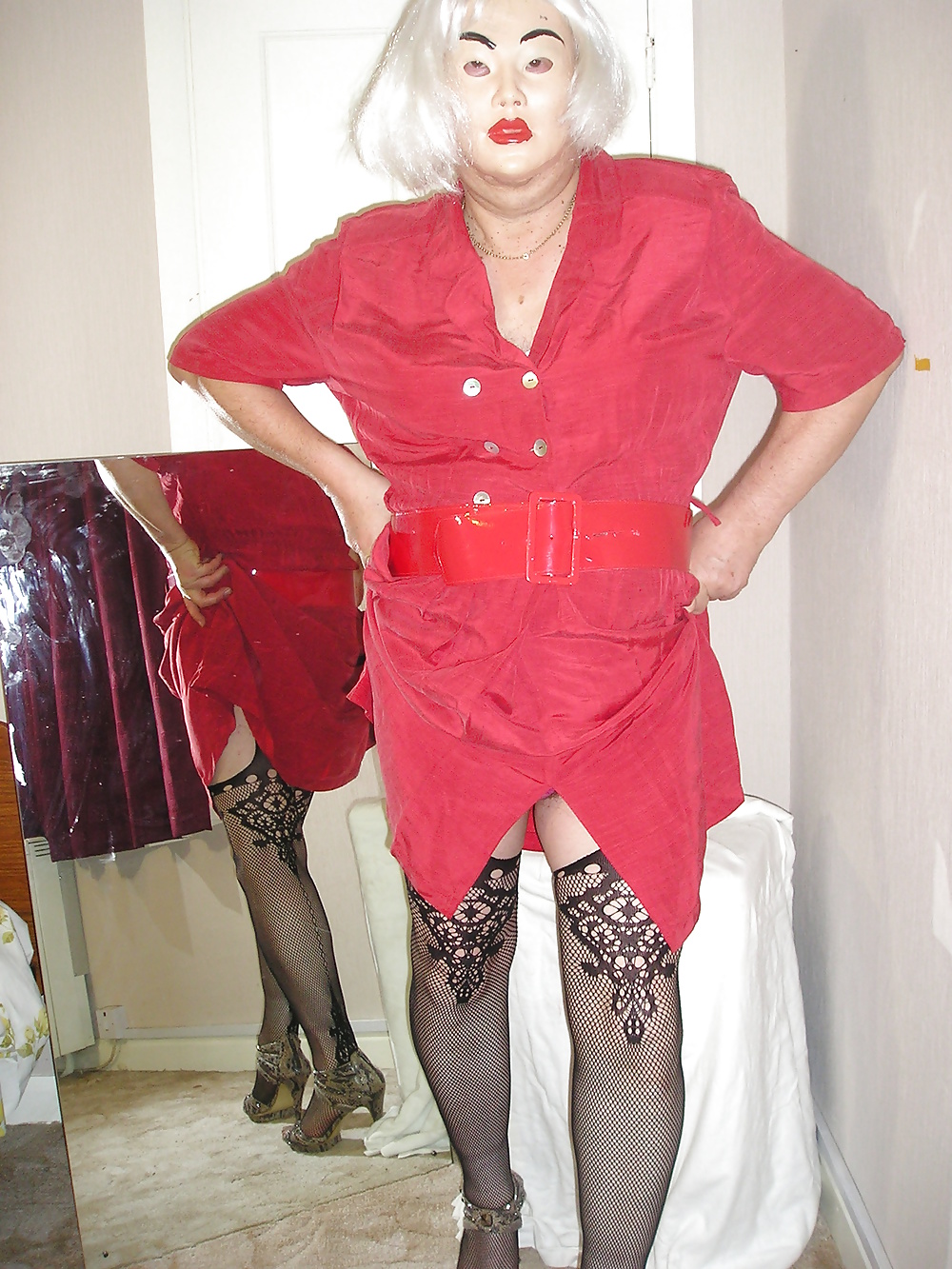 Dee in new red dress and suspender tights #40587073