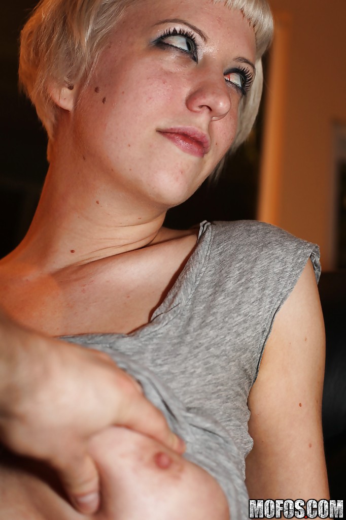 Short-haired blonde Cherry Torn revealing her big tits and shaved slit #53393681