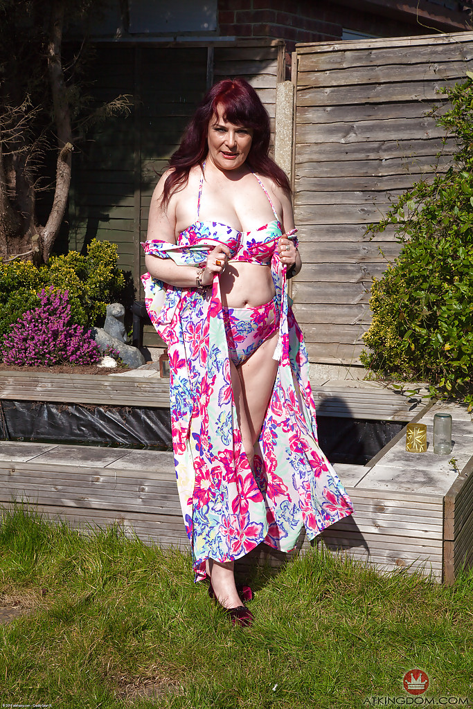 Older fatty Christina X pulling down bikini bottoms outdoors #51779142