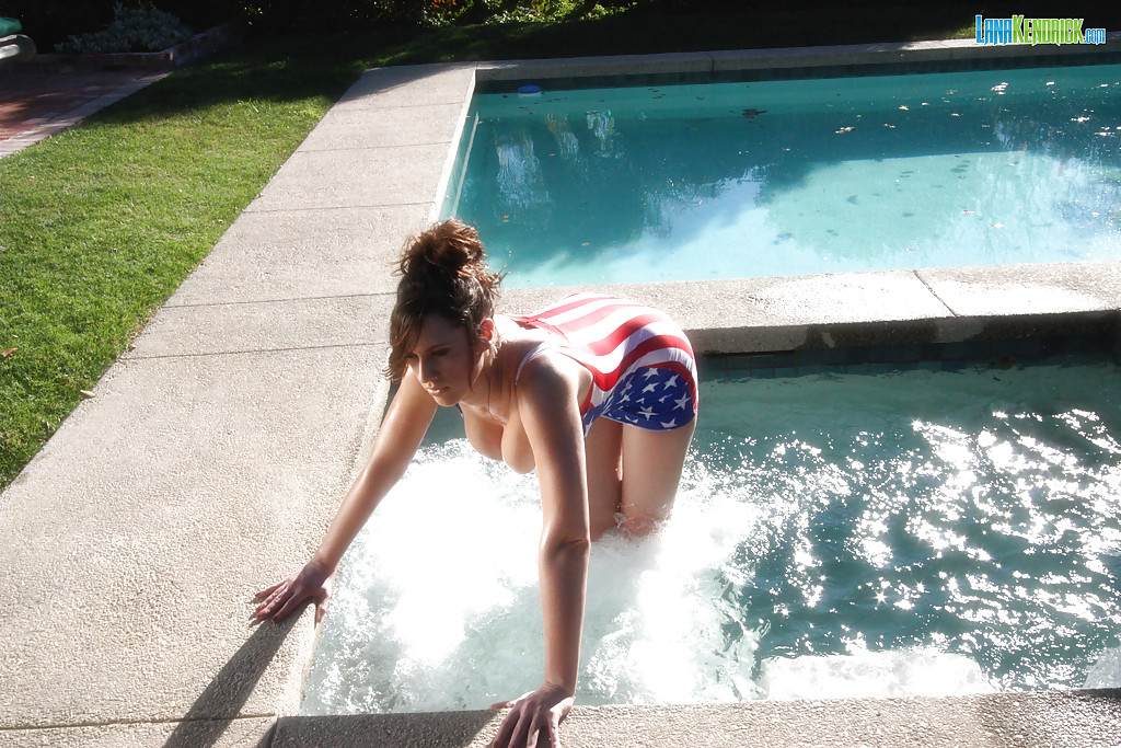 Pornstar in American flag-themed swimming suit Lana Kendrick has fun in pool #50197175