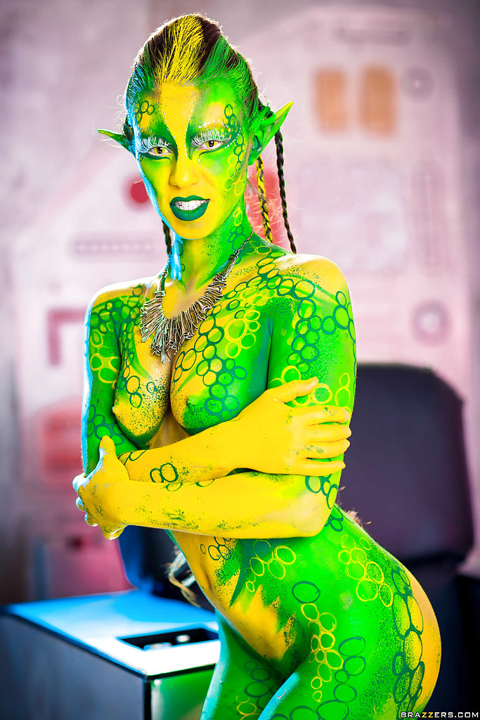 Kinky cosplay chick Tiffany Doll posing in body paint uniform and spreading #50368167