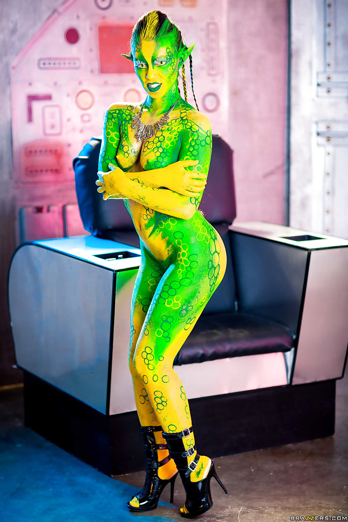 Kinky cosplay chick Tiffany Doll posing in body paint uniform and spreading #50368174