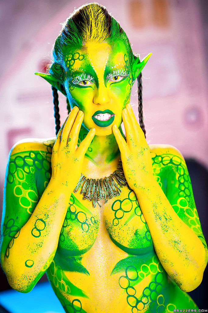 Kinky cosplay chick Tiffany Doll posing in body paint uniform and spreading #50368177