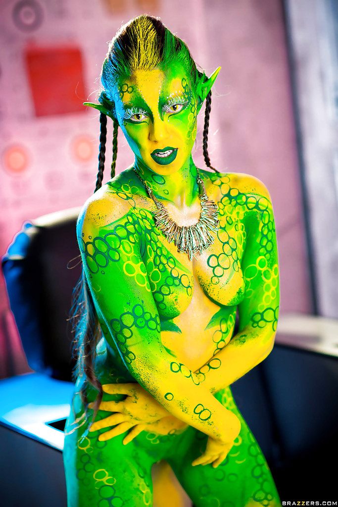 Kinky cosplay chick Tiffany Doll posing in body paint uniform and spreading #50368196