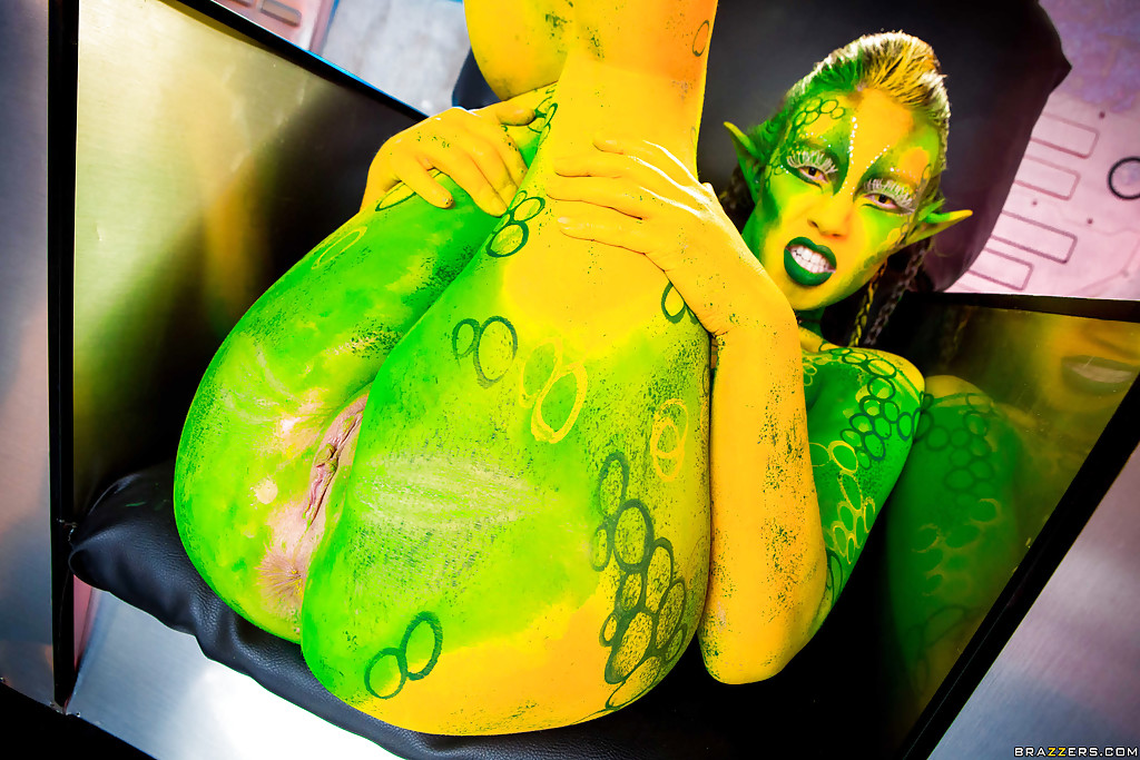 Kinky cosplay chick Tiffany Doll posing in body paint uniform and spreading #50368205