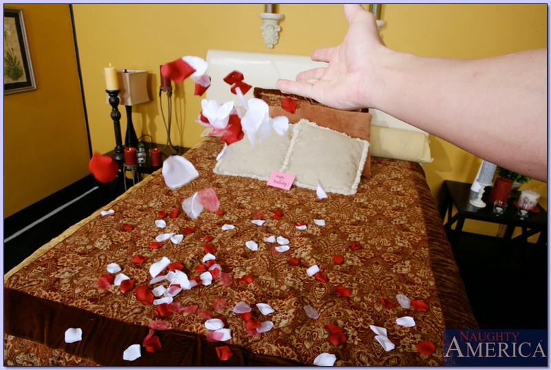 Exquisite Frau daisy marie schlug auf dem Bett voller Rosenblütenblätter
 #53547917