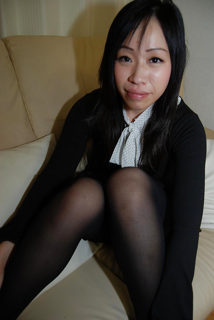 Smiley asian teen in pantyhose getting nude and teasing her hairy slit #51216470