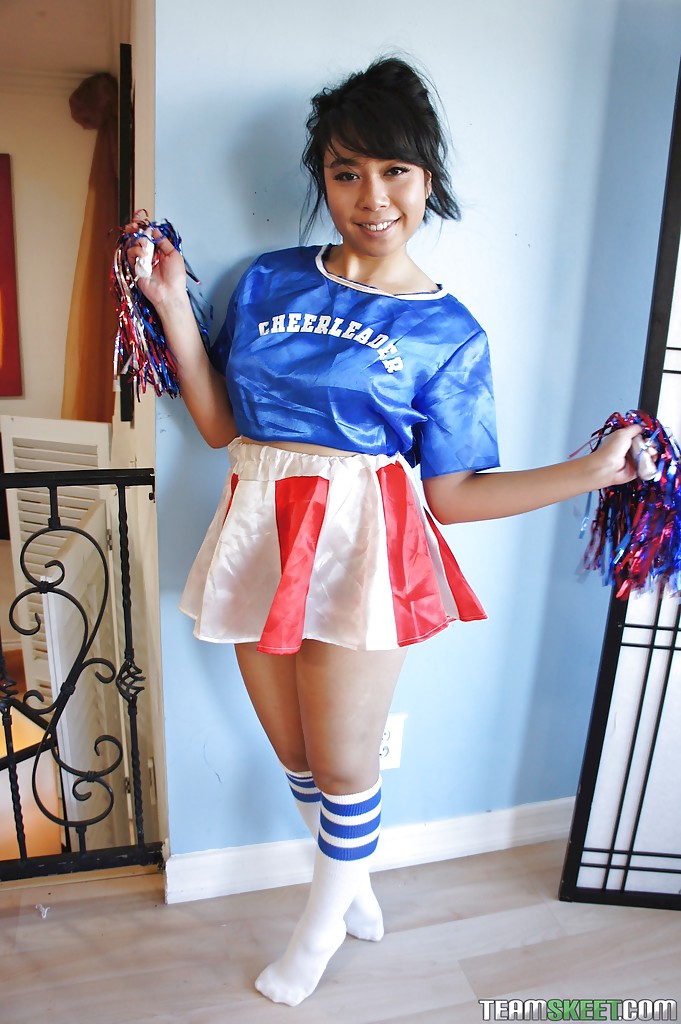 Petite Oriental cheerleader May Lee flashing black panties under skirt #50314372