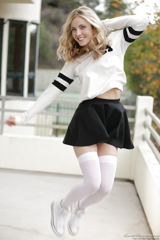Blonde pornstar Karla Kush posing topless outdoors in schoolgirl uniform #50205996