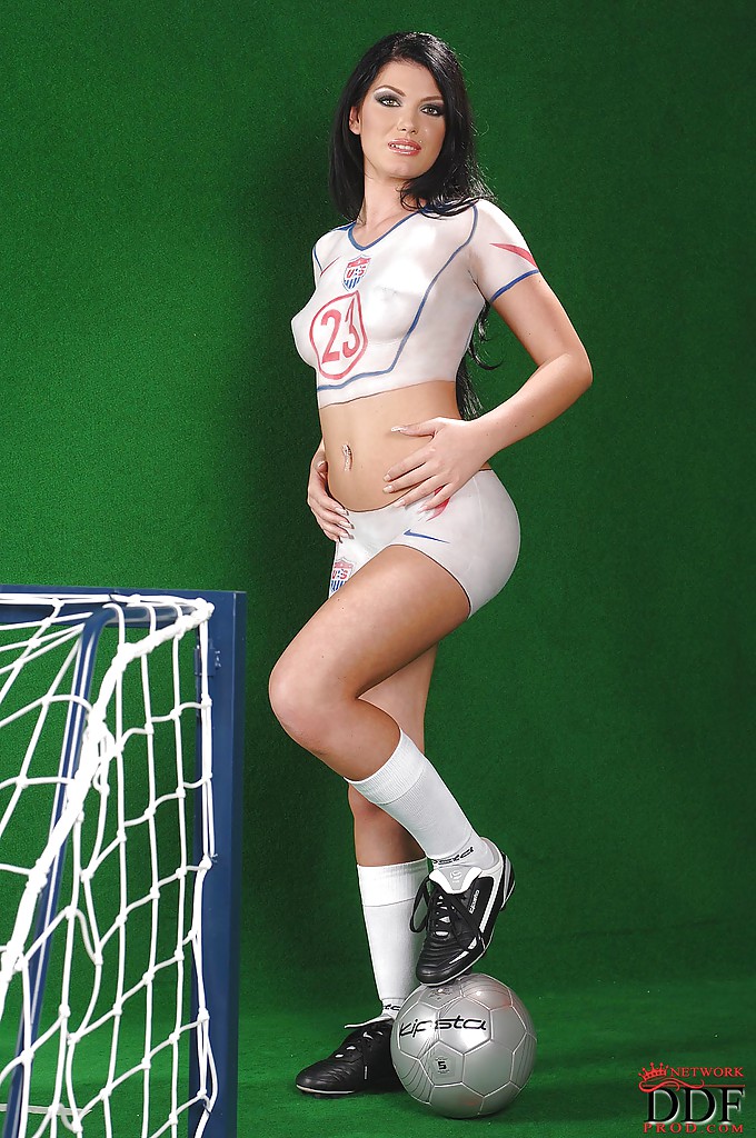 Sporty hottie Roxy Panther posing in body painted soccer outfit #55393107