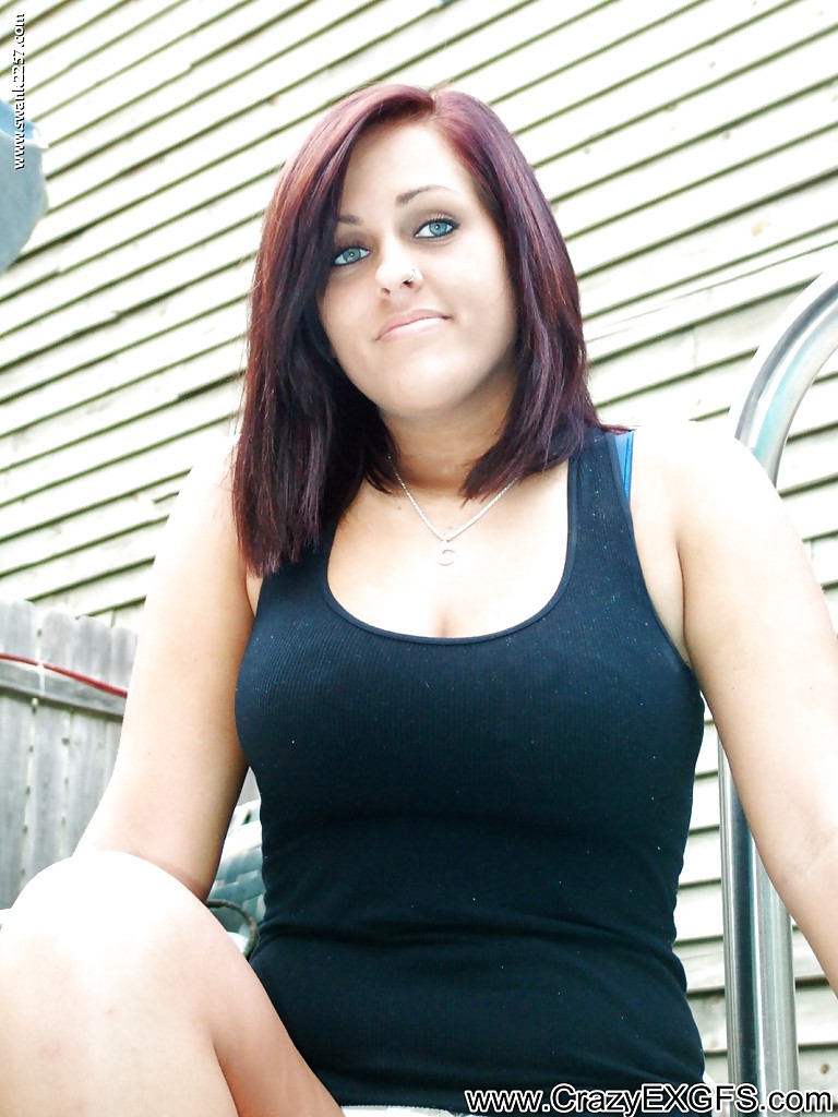 Naughty brunette babe revealing her massive knockers outdoor #50949047