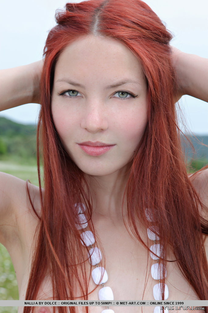 Pale redhead Nalli A showing off teeny tits & very hairy beaver in a field #51050978