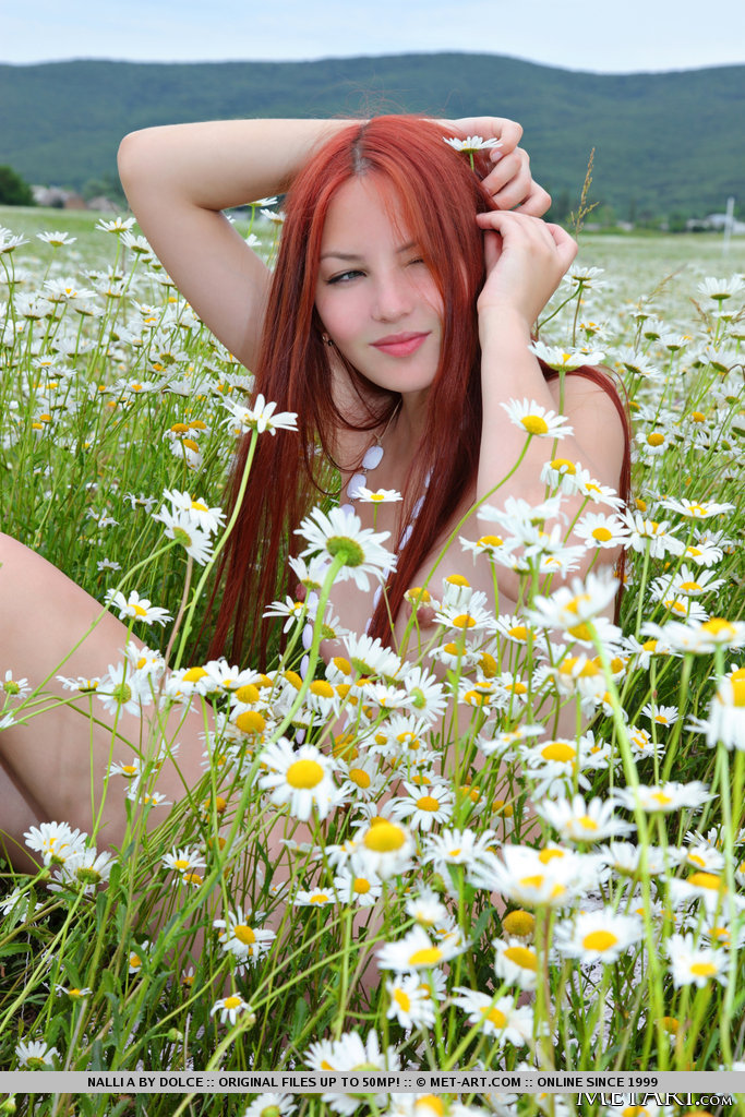 Pale redhead Nalli A showing off teeny tits & very hairy beaver in a field #51051069